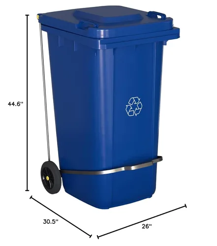 Vista 6 de Bote de basura rectangular con ruedas de 64 galones, color azul, con tapa y accesorio para escalonar, juego de 4