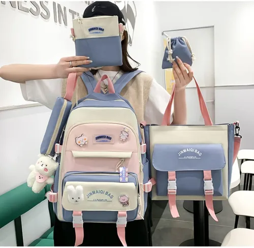 Vista 2 de Juego de 5 mochilas kawaii con colgante de oso y alfileres - Kit de mochila de conejito de anime japonés con diseño de retazos, Azul, Japonés