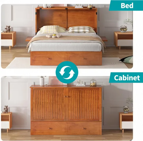 Vista 8 de BALUS 63" W Murphy Bed Queen, Murphy Cabinet Beds with Tri-Fold Mattress & USB Charging Station, Space-Saving Wooden Wall Bed Cabinet with 2 Large