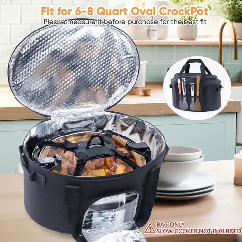 Vista 4 de Bolsa de transporte de doble capa para ollas de cocción lenta de 6-8 cuartos de galón CrockPot y Hamilton Beach Slowcooker, bolsa de viaje con Negro