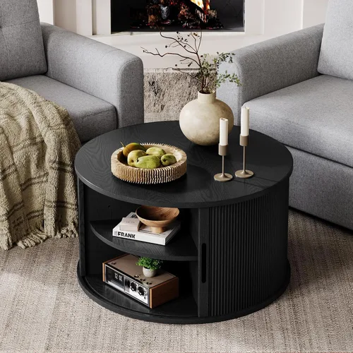 Vista 5 de LINSY HOME - Mesa de centro redonda, mesa de centro de 31.5" con puerta de tambor deslizante, mesa auxiliar acampanada con almacenamiento, mesa