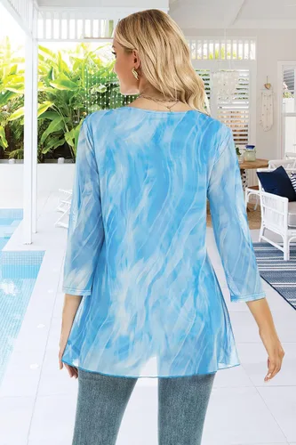 Vista 3 de SeSe Code Blusa tipo túnica de manga 34 para mujer, con dobladillo asimétrico, camisa de malla ligera