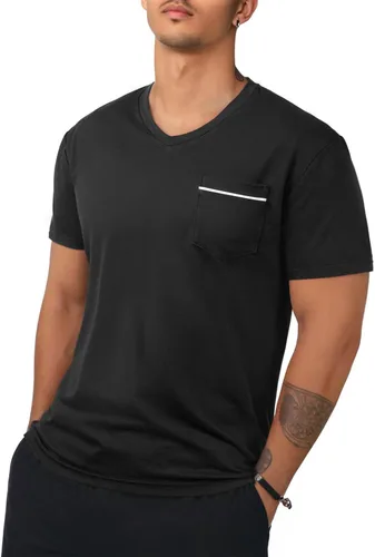 Vista 2 de Camisetas básicas de manga corta para hombre, estilo casual, color liso, cuello en V, para verano, playa, con bolsillo