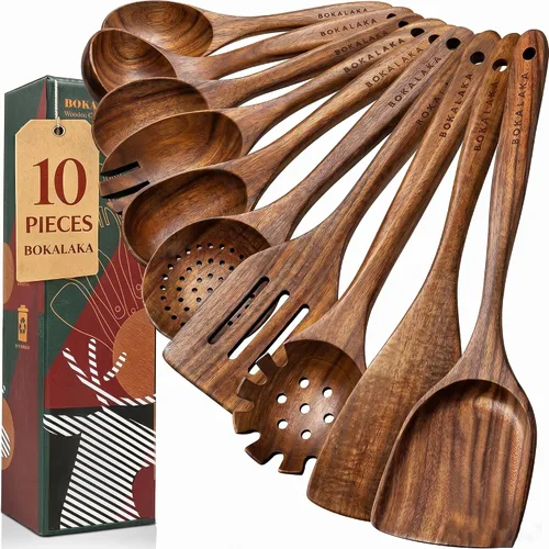 Vista 11 de Juego de utensilios de cocina de madera de teca, 7 piezas, utensilios de cocina de madera, incluye espátula