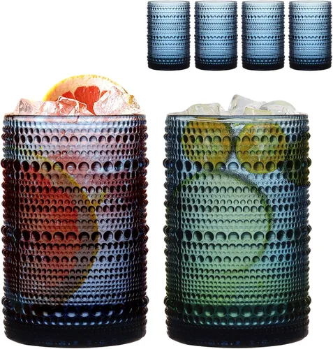 Vista 11 de Juego de 4 vasos para beber Hobnail de 12 onzas, vasos vintage de Júpiter, cristalería antigua en relieve para cerveza, agua, jugo, cóctel, whisky