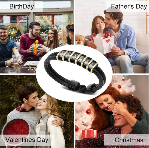 Vista 14 de Pulseras de cuero personalizadas para hombre con 1-6 nombres, pulsera trenzada personalizada con cuentas para papá, marido, día del padre, San