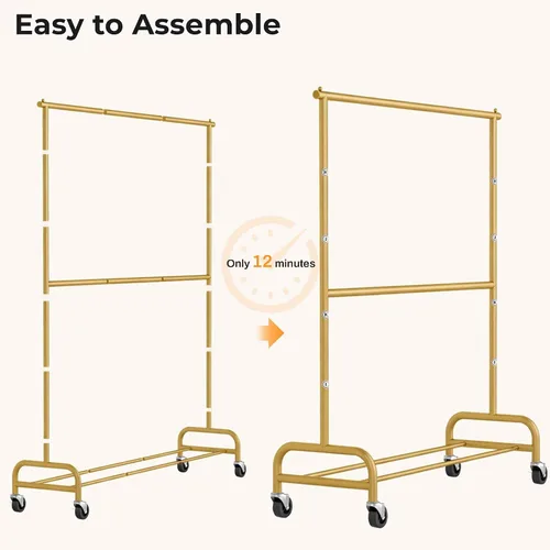 Vista 7 de MISSLO Perchero resistente para ropa con ruedas, para colgar ropa, para abrigo, vestuario, dorado (doble barra)