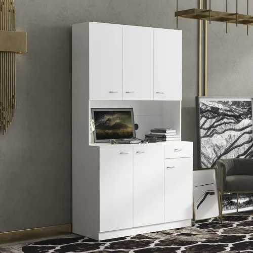 Vista 5 de 6-Door Tall Wardrobe & Kitchen Cabinet with Open Shelf and Drawer, White Design for Bedroom Use