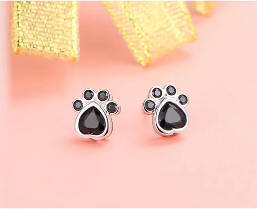 Vista 4 de Pendientes de tuerca de plata esterlina S925 con estampado de pata de perro y gato