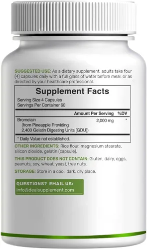 Vista 7 de Suplemento de bromelina 2,000 mg por porción, 240 cápsulas – Enzimas proteolíticas naturales de piña fresca – Apoya la digestión de nutrientes
