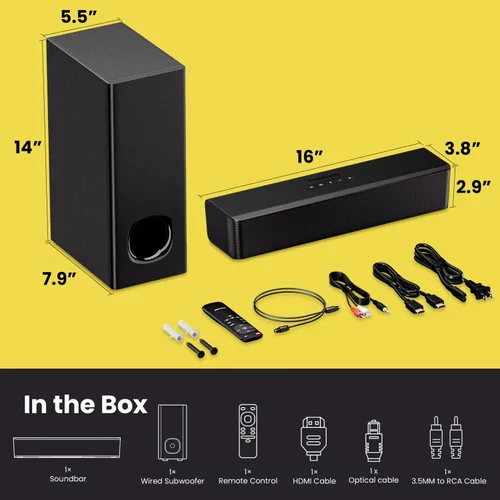 Vista 6 de Barras de sonido compactas 2.1 para TV con subwoofer, conexión HDMI ARC/Bluetooth 5.0/Óptica/AUX/RCA, control remoto, graves ajustables, montaje