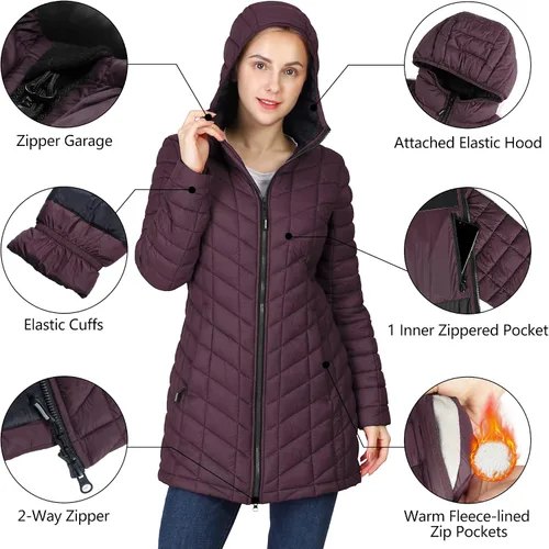 Vista 2 de Outdoor Ventures - Abrigo largo, acolchado, Thermolite con capucha, ultraligero y cálido Maryan para mujer