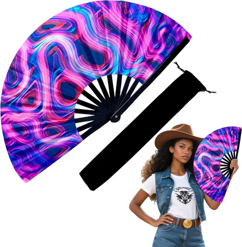 Vista 8 de Abanico de mano grande de 33 cm con luz UV para baile en línea, abanico plegable para botas, actuación, boda, fiesta - Abanico portátil de mano