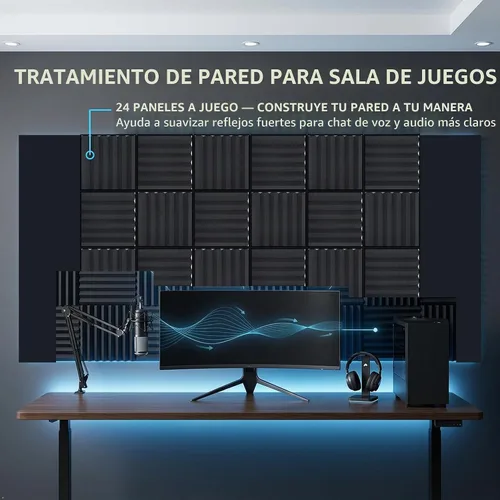 Vista 6 de Paneles de espuma acústica, paquete de 12 paneles de absorción de sonido de cuña de alta densidad de 2 pulgadas, 12 x 12 x 2 pulgadas para estudio