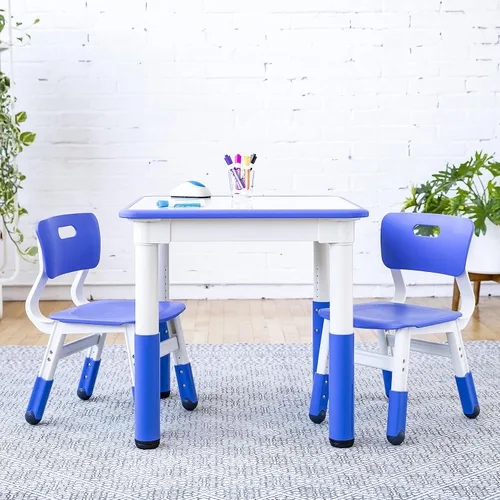 Vista 9 de ECR4Kids Mesa de actividades cuadrada de borrado en seco con 2 sillas, ajustable, muebles para niños, azul, 3 piezas