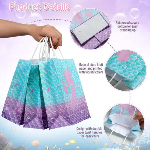 Vista 3 de Jectivs 16 bolsas de recuerdo de fiesta de cumpleaños de sirena, bolsas de regalo de papel kraft con asas para niños, suministros de fiesta de baby