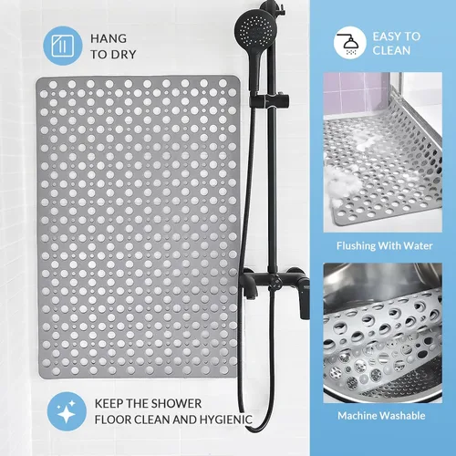 Vista 6 de Tapete antideslizante para bañera y ducha, 30 x 17 pulgadas, tapete de baño suave con ventosas y agujeros de drenaje más grandes, lavable a máquina