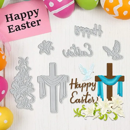 Vista 4 de Troqueles de corte de metal con diseño de flores de Pascua, palabras de Pascua, animales troquelados para hacer tarjetas, herramienta de plantilla