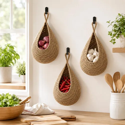 Vista 7 de Cestas de frutas colgantes para cocina, paquete de 3 cestas de Lino