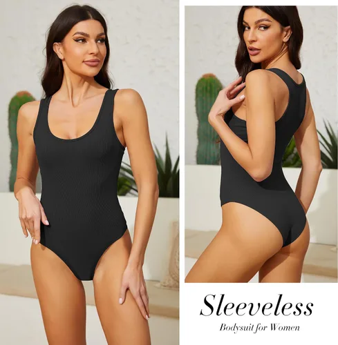 Vista 4 de CE' CERDR Paquete de 5 trajes de cuerpo para mujer, de canalé, cuello redondo, sin mangas, espalda cruzada