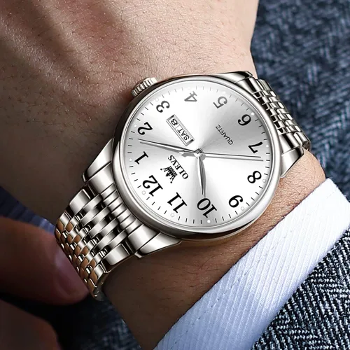 Vista 7 de OLEVS Reloj plateado para hombre, de acero inoxidable, impermeable, fácil de leer, con números arábigos, Azul, Negocio