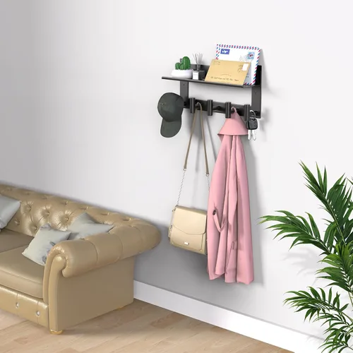 Vista 3 de VAEHOLD Perchero de pared con ganchos de pared con ganchos de pared superior e inferior doble estante de entrada con 5 ganchos de acero inoxidable