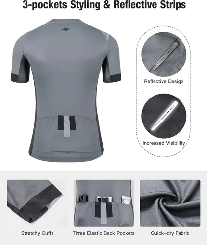Vista 3 de Santic Camiseta de ciclismo para hombre, manga corta, camiseta de ciclismo de carretera, con cremallera completa, UPF 50+, MTB con bolsillos
