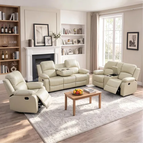 Vista 22 de Silla reclinable de cuero para conjunto de muebles de sala, sofá reclinable de cuero beige para espacios pequeños/RV, sillón individual