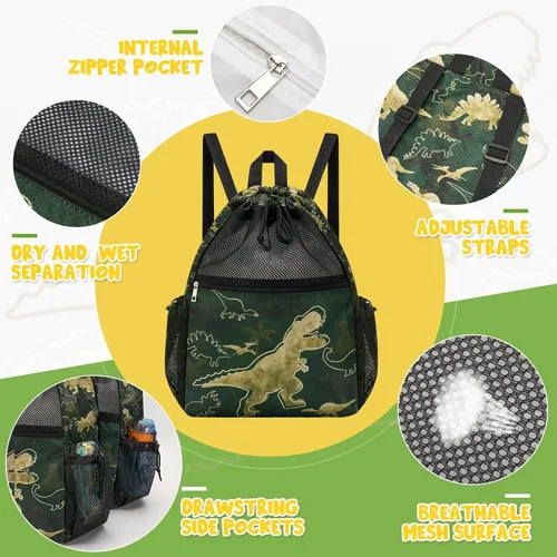 Vista 2 de WAWSAM Mochila con cordón para niños - Bolsa de malla con cordón para niños, Dinosaurio verde oscuro, Dinosaurio