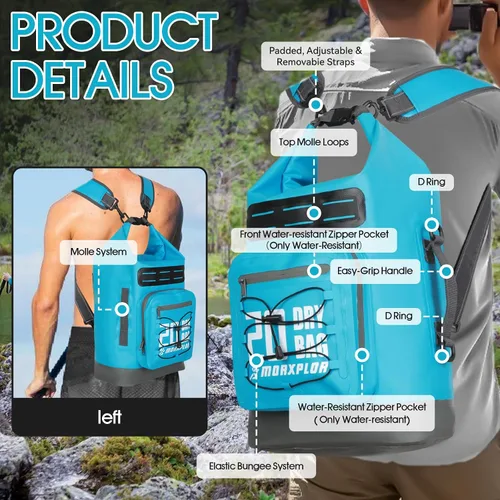 Vista 29 de MORXPLOR Bolsa seca impermeable, 5L/10L/20L/30L/40L/55L Mochila seca con funda impermeable para teléfono para natación, kayak