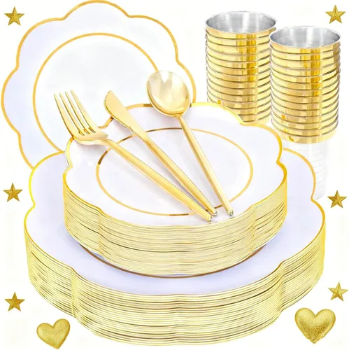 Vista 15 de ejonirinjonir EI - 180 platos de plástico beige con cubiertos de plástico dorado, platos desechables de alta resistencia para fiestas, juego