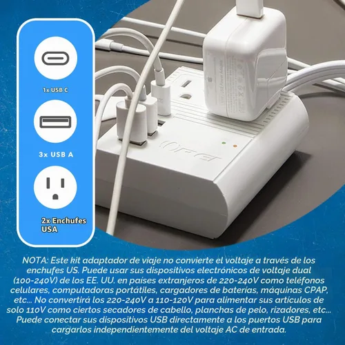 Vista 7 de OREI World Travel - Adaptador de enchufe de viaje M8 Max, 3 USB + Pd 18 W USB-C de entrada - 2 tomas de EE. UU. - Accesorios para Europa, Asia