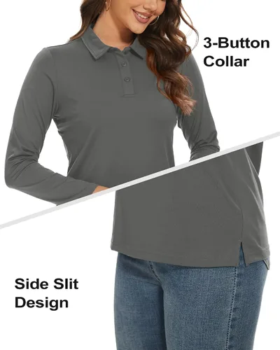 Vista 4 de TACVASEN Polo de manga larga para mujer, con protección solar UV, SPF para exteriores, manga larga, 3 botones, secado rápido, para golf