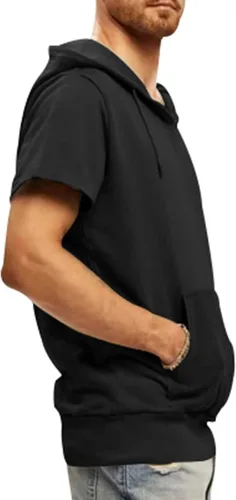Vista 3 de Camiseta deportiva con capucha para hombre, manga corta, con cordón, con capucha, fitness, entrenamiento, culturismo, musculación