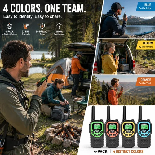 Vista 3 de Walkie Talkies - Paquete de 4 radios bidireccionales recargables FRS de Verde/Azul/Amarillo/Naranja
