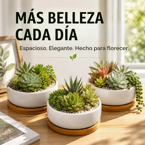 Vista 6 de Lawei Paquete de 3 macetas redondas de cerámica para suculentas de 6 pulgadas con bandejas de drenaje y bambú, macetas de cactus poco profundas