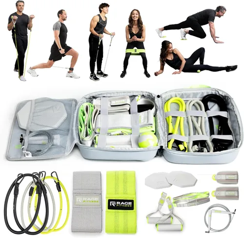 Vista 10 de Rage Fitness Ex Kit 9 en 1 gimnasio en una bolsa – Bandas elásticas, para glúteos y resistencia con asas, anclaje de puerta, viajes, oficina