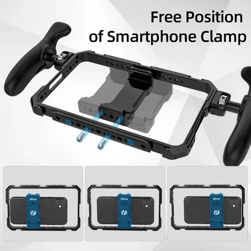 Vista 5 de Nitze - Soporte universal para teléfono inteligente T-MP01B Ergonomic Side Handles, Adjustable Cellphone Clamp, 5 Built-in Cold Shoes, For Vlogger