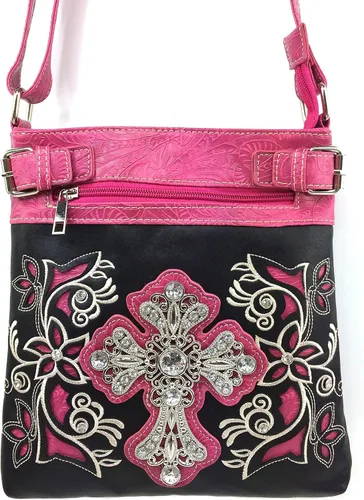 Vista 2 de Justin West Western Laser Cut bordado rhinestone cruz de plata Messenger bolso con correa transversal