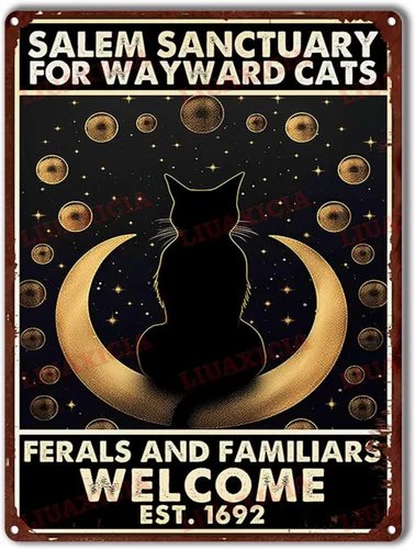Vista 15 de Letrero de metal de hojalata Salem Sanctuary para gatos Wayward Ferals and Familiars, letrero de metal de hojalata para hombre, decoración de pub, 8