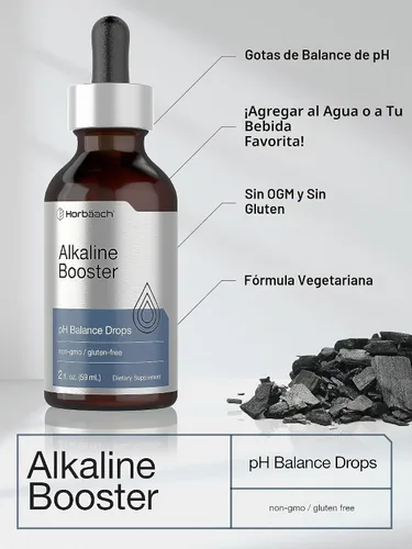Vista 4 de Gotas de agua alcalinas Horbaach 2 onzas líquidas Suplemento de equilibrio de pH Potenciador con minerales Sin OMG y sin gluten