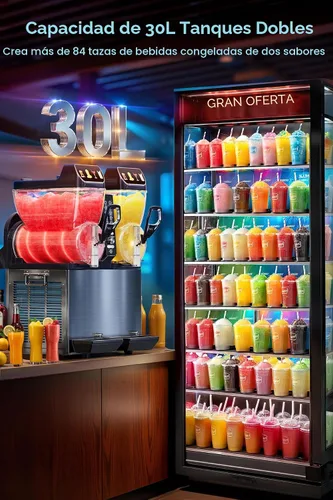 Vista 2 de 30L Commercial Slushie Machine, 2-Tank Frozen Drink Maker for Margarita Daiquiri Wine Frappe, 8 Gal LED Stand-up Slush Dispenser, Bar Restaurant
