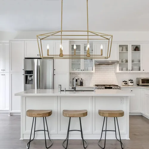 Vista 7 de MELUCEE Candelabro de granja de 7 luces, iluminación lineal dorada para isla de cocina, moderna, estilo vela, accesorios de iluminación de comedor