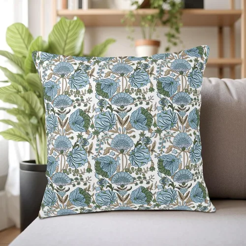 Vista 7 de Juego de 2 fundas de almohada con estampado de bloques azules de 16 x 16 pulgadas, diseño floral verde espárragos, fundas de almohada bohemias