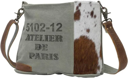 Vista 3 de Paris Workshop - Bolso bandolera de piel de vaca y lona reciclada, Verde militar marrón y crema