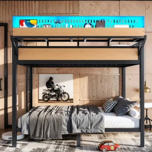 Vista 5 de Bellemave Litera de tamaño matrimonial con estantes de almacenamiento y tablero de clavijas, marco de cama de metal con puertos USB y luces LED