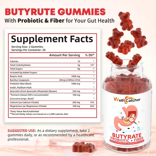 Vista 2 de Gomitas de butirato Suplemento para la salud intestinal: butirato con probióticos y fibra prebiótica gomitas para mujeres y hombres sin azúcar Apoyo