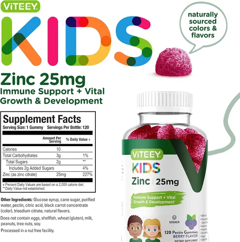 Vista 4 de Viteey - Gomitas de zinc para niños, 25 mg, sabrosas gomitas masticables con sabor a bayas Immune Support - Powerful Natural Antioxidant, Kids