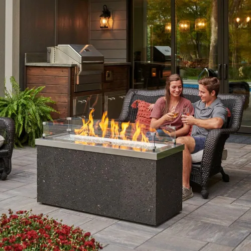 Vista 2 de Outdoor GreatRoom Co - Mesa para fogata de gas Key Largo para patio exterior, mesa rectangular de acero inoxidable de 48 pulgadas, base de estuco