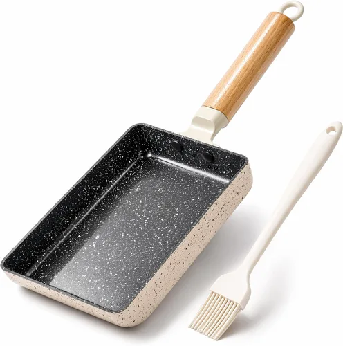 Vista 9 de Sartén cuadrada con revestimiento cerámico japonés Tamagoyaki para tortilla, pequeña sartén rectangular antiadherente con asa de madera